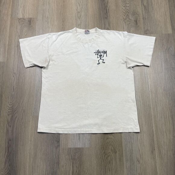Vintage Stussy Shirt Mens Extra Large White Stick Man Graphic Made USA 90s - Picture 1 of 16